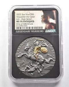 2023 ニウエ $5 シルバー アレキサンダー大王 ギルト ハイレリーフ MS70 アンティーク NGC *7460