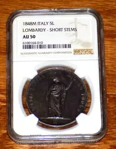 1848 M イタリア ロンバルディア州 5 リラ コイン 5L 5 リラ認定 NGC AU 50 AU50 等級コイン