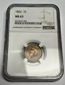 1862 NGC MS63 インディアン ヘッド セント、ブレイジング ラスター、米国銅ニッケル コイン付き