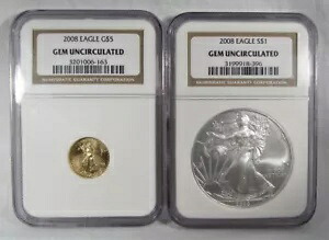 2008 NGC スラブ宝石 Unc ペア A.S.E.と 1/10 AGE コインペア AK40