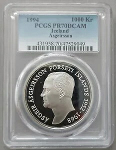 アイスランド シルバー プルーフ 1000 クローヌール コイン 1994 年 KM#33 ASGEIRSSON PCGS PR70 トップ??