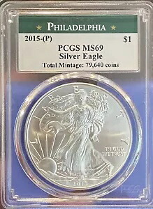 2015(P) 1$ アメリカン シルバー イーグル MS69[1,673 PCGS の 1 つ] ミント 79,640??