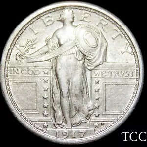 1917 スタンディング リバティ クォーター ~ タイプ 1 ~ 光沢のある 25c コイン ~ 送料無料 ~ TCC