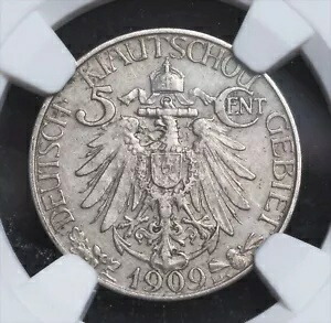1909年、中国、キアウチャウ（ドイツの租借地）。銅ニッケル5セントコイン。 NGC AU53！