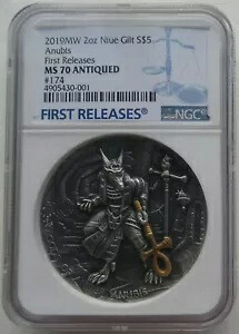 NGC MS70 ニウエ 2019 アヌビス 怒りの神 ハイレリーフ アンティーク シルバー コイン 2オンス COA