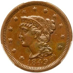 1849 N-10 R-3 PCGS AU 50 編み込みヘア ラージ セント コイン 1c