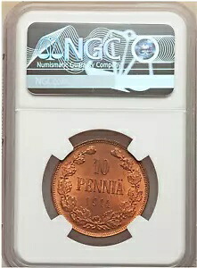 赤！フィンランド ロシア 10 ペニア 1914 コイン MS 64 RB NGC