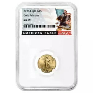 プレセール - 2025 $5 アメリカン ゴールド イーグル 1/10 オンス NGC MS69 ER ブラック ラベル