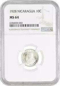 ニカラグア 10 センタボ 1928、NGC MS64、「コルドバ (1912 - 1990)」銀貨