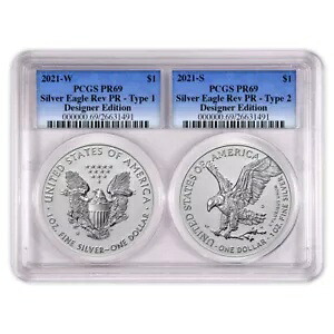 2021 リバース プルーフ アメリカン シルバー イーグル デザイナー 2 個セット PCGS PR69 ブルー ラベル...