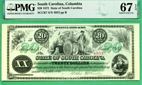 SUPERB GEM 67 - 1872 $20 コロンビア州サウスカロライナ州 - PMG SUPERB GEM 67 EPQ
