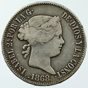 1868 スペイン女王イザベラ 2 世統治下のフィリピン シルバー 50 センタボス コイン i116628|WORLD RESOURCE【KING店】