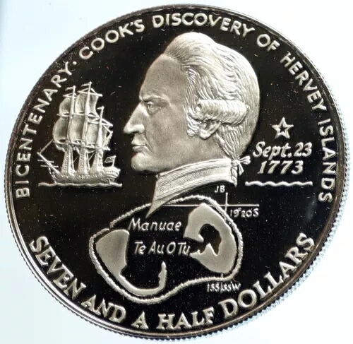 1974 クック諸島 エリザベス 2 世 ジェームス クック プルーフ シルバー 7 1/2 ドル コイン i103918|WORLD RESOURCE【KING店】
