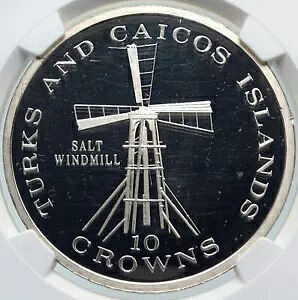 1977 タークス・カイコス諸島 塩風車 オールド プルーフ シルバー 10 クラウン コイン NGC i85817|WORLD RESOURCE【KING店】
