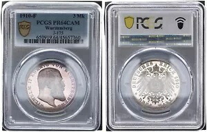 ヴュルテンベルク 3 マーク 1910 F - ヴィルヘルム 2 世王 - Pf - PCGS PR64CAM 90942|WORLD RESOURCE【KING店】