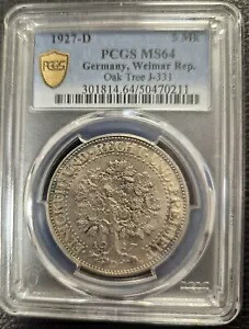 シルバー コイン 5 ライヒスマルク 1927 D アイヒバウム ホルダー PCGS MS64 nswleipzig