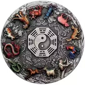 2022 $5 Twelve Lunar Animals 5オンス シルバー アンティーク カラー コイン