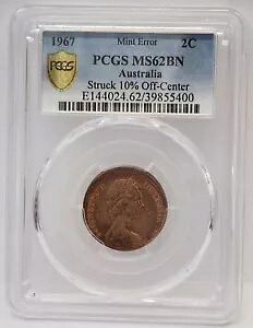 オーストラリア 1967 年。 2 2 セント。エラー。オフセンターミスストライク。 PCGS MS62