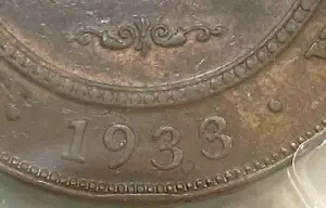 オーストラリア 1933/2 ペニー オーバーデイト、PCGS XF シャープ 8 パール エクストラ ファイン、CV$ 1490