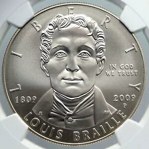 2009年 アメリカ 米国 ルイ・ブライユ発明家 盲ろう者 シルバー$コイン NGC i89168|WORLD RESOURCE【KING店】