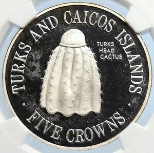 1976 タークスカイコス諸島 ヘッド カクタス ヴィンテージ プルーフ シルバー 5 クラウン コイン NGC i106028|WORLD RESOURCE【KING店】