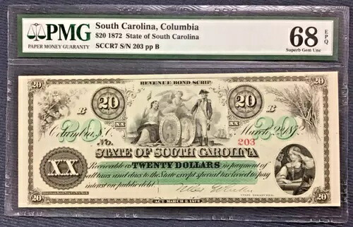 1872 $20 サウスカロライナ州 ~ PMG 68 EPQ ~ 素晴らしい、未流通の宝石!!!!|WORLD RESOURCE【KING店】