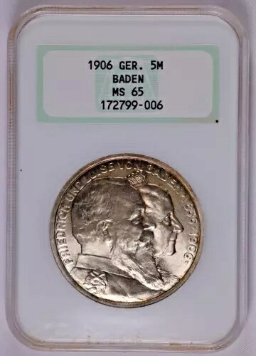 1906 年ドイツ州バーデン 5 マルク コイン ウェディング ターラー - NGC MS 65 **世界の脂肪**|WORLD RESOURCE【KING店】