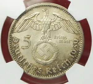 NGC MS-63 ナチス卍 1939-A 5 帝国マルク シルバー コイン-ドイツ第三帝国造幣局!!
