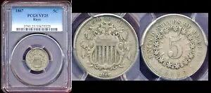1867 5C PCGS VF25 レイズシールドニッケル++付き
