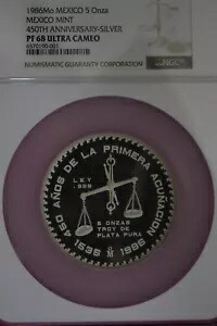 レア トップ ポップ 1986 PF 68 メキシコ 450 周年記念 5 オンザ 5 オンス 999 シルバー NGC 7028