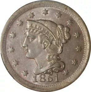 1851 MS64BN 編み込みヘア ラージ セント、PCGS 34415068、CAC