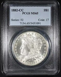 1882-CC モルガン ドル、PCGS ハイ グレード ベター デイト $1 PQ+ で MS65 に格付け