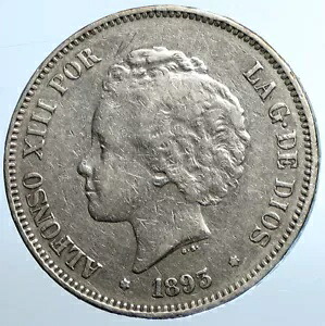 1893年 スペイン スペイン国王 アルフォンソ13世 アンティーク シルバー 5 ペセタ コイン i111083