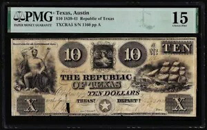 1839-41 $10 - テキサス共和国 - PMG 15 チョイス ファイン - レア テキサス ノート