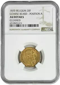 1870 ベルギー 20 フラン コース ビアード ゴールド 0.1867 オンス コイン ポスト。 NGC AUの詳細