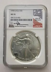 1998 アメリカン シルバー イーグル NGC MS 70 ジョン M. メルカンティ 本物の手署名入り｜WORLD RESOURCE【KING店】
