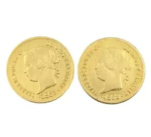 1862 年と 1863 年フィリピン 2 ペソ金貨 2 つの素敵なコイン小さな宝石の残骸