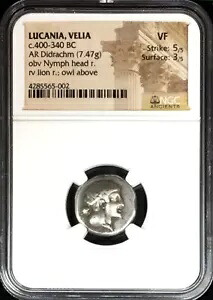 紀元前 400 ～ 340 年 シルバー ルカニア、ヴェリア アル ディドラクム ニンフ & ライオン コイン NGC 非常に上質｜WORLD RESOURCE【KING店】