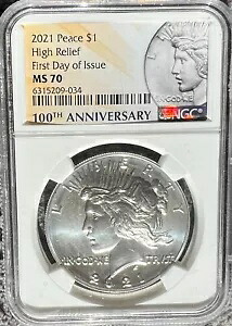 2021 NGC MS 70 ハイレリーフ発行初日 100 周年記念平和ドル