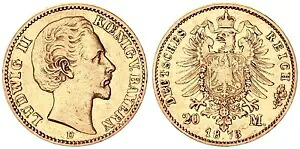 バイエルン 20 マーク 1873 D ルートヴィヒ 2 世。ゴールドSS+ 118483-｜WORLD RESOURCE【KING店】