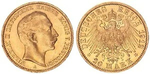 プロイセン 20 マーク 1912 年、ヴィルヘルム 2 世。ゴールド XF-ST 118722-｜WORLD RESOURCE【KING店】