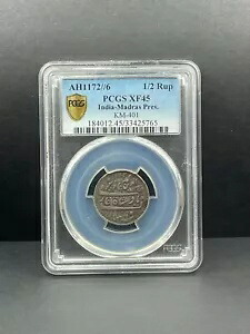 AH 1172//6 イギリス インド マドラス プレジデンシー 1/2 ルピー PCGS XF 45 KM 401 非常に珍しい