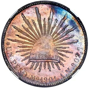 MEXICO メキシコシティ シルバー キャップ アンド レイ 1 ペソ 1901 AM NGC MS 64 トーン KM-409.2｜WORLD RESOURCE【KING店】
