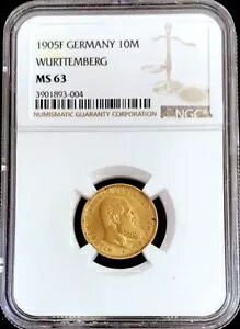 1905 F ゴールド ドイツ州 ヴュルテンベルク 10 マルク コイン NGC 造幣局 63｜WORLD RESOURCE【KING店】 255,420円