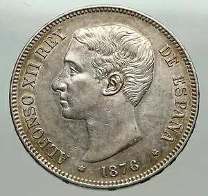 1876 スペイン w 国王 アルフォンソ 12 世 オールド アンティーク シルバー 5 ペセタ スペイン コイン i84963｜WORLD RESOURCE【KING店】