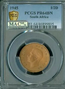 1945 南アフリカ 1/2 ペニー PCGS PR64 BN MAC スポットレス 150 鋳造 *｜WORLD RESOURCE【KING店】
