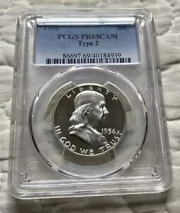 1956 50C PCGS Pr69 CAM (タイプ 2) フランクリン ハーフダラー タフ イン カメオ ロー ポップ
