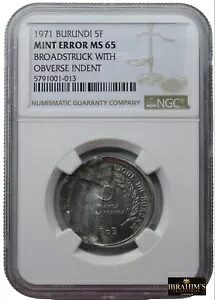 ブルンジ 5 フラン 1971 NGC 造幣局エラー MS 65 - 表面にインデントのあるブロードストラック