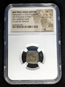 バクトリア インド ギリシャ人 メナンドロス c.165/55-130 BC AE14 古代正方形コイン NGC VF ...