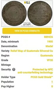 1905 年メダル グアテマラ PCGS VF35 誰もが知っているレリーフの地図
